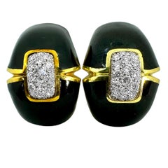 Vintage David Webb 18K Gold Black Enamel and Diamond Earrings