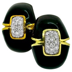 Vintage David Webb 18K Gold Black Enamel and Diamond Earrings