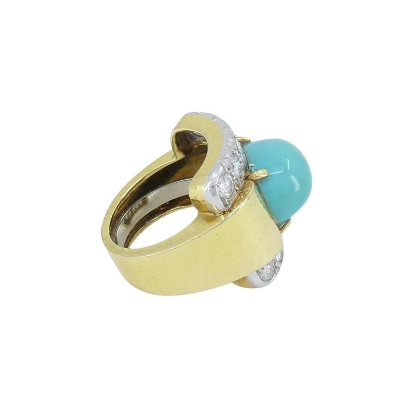 Vintage David Webb 18k Gold Diamond Turquoise Ring sz 6 In Excellent Condition In Beverly Hills, CA