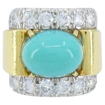 Vintage David Webb 18k Gold Diamond Turquoise Ring sz 6
