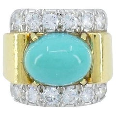 Vintage David Webb 18k Gold Diamond Turquoise Ring sz 6