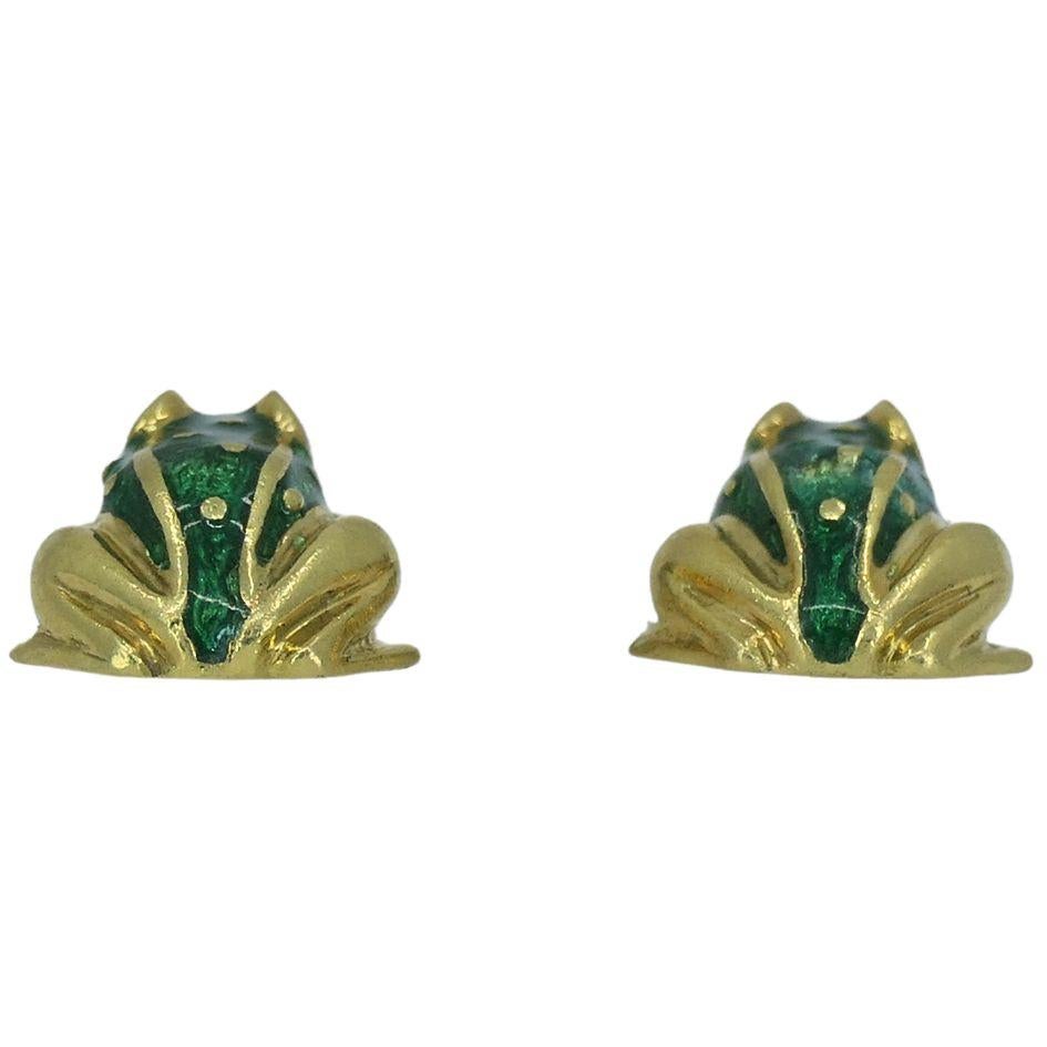 Women's Vintage David Webb 18k Gold Enamel Frog Stud Earrings