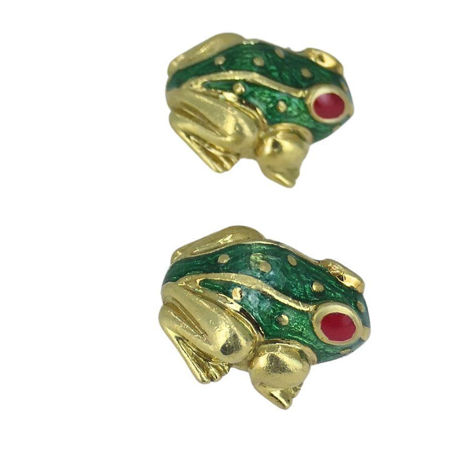 Vintage David Webb 18k Gold Enamel Frog Stud Earrings 1