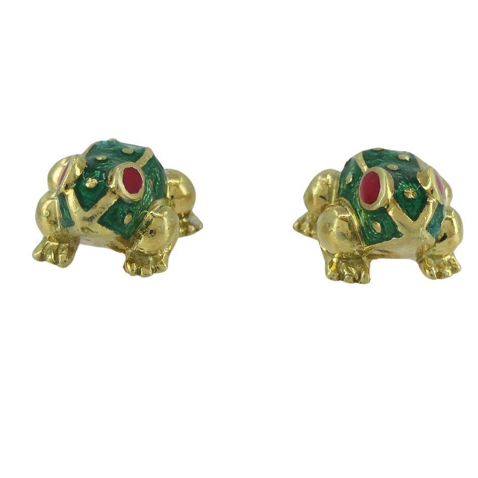 Vintage David Webb 18k Gold Enamel Frog Stud Earrings 3
