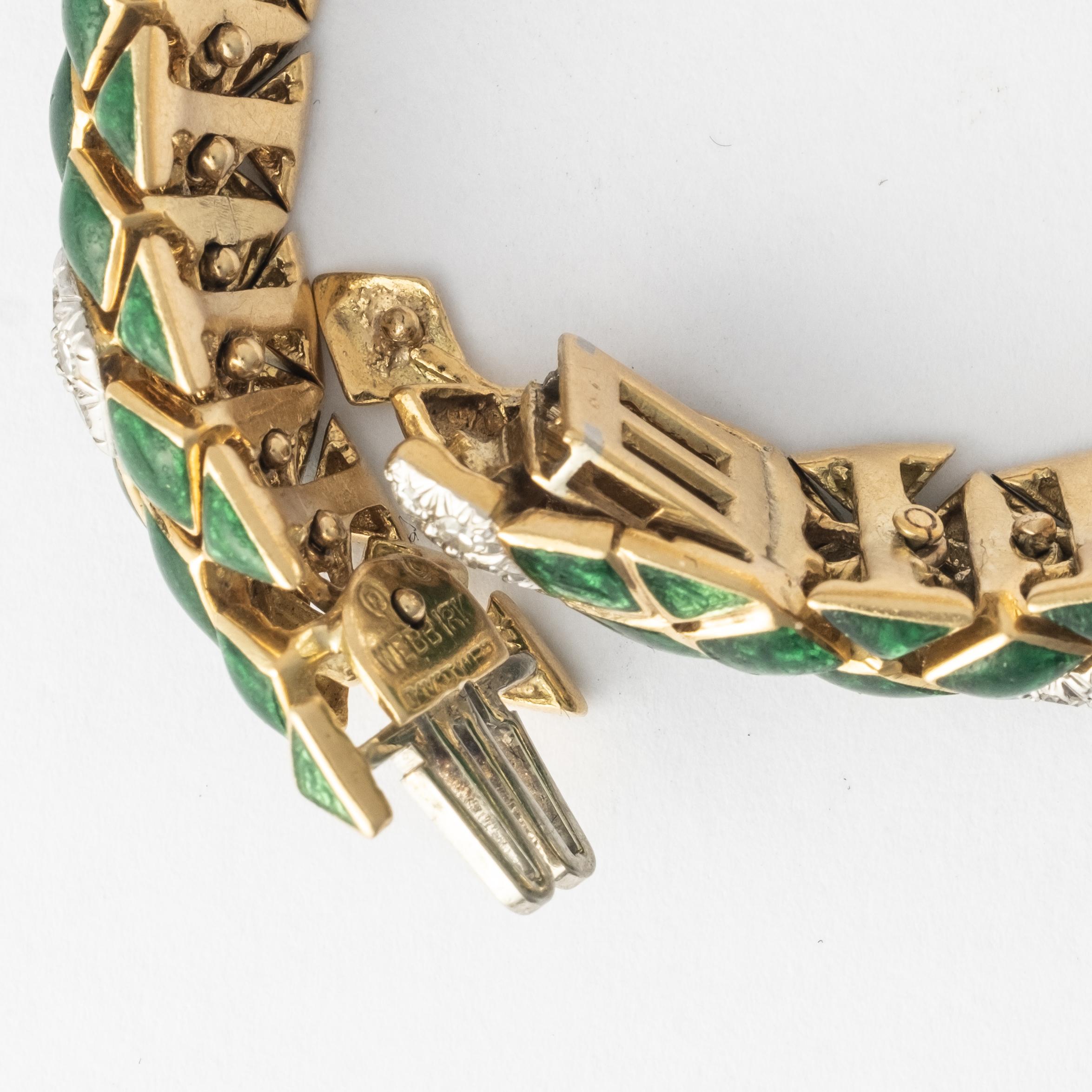 Women's Vintage David Webb 18k Gold, Green Enamel and Diamond Bracelet