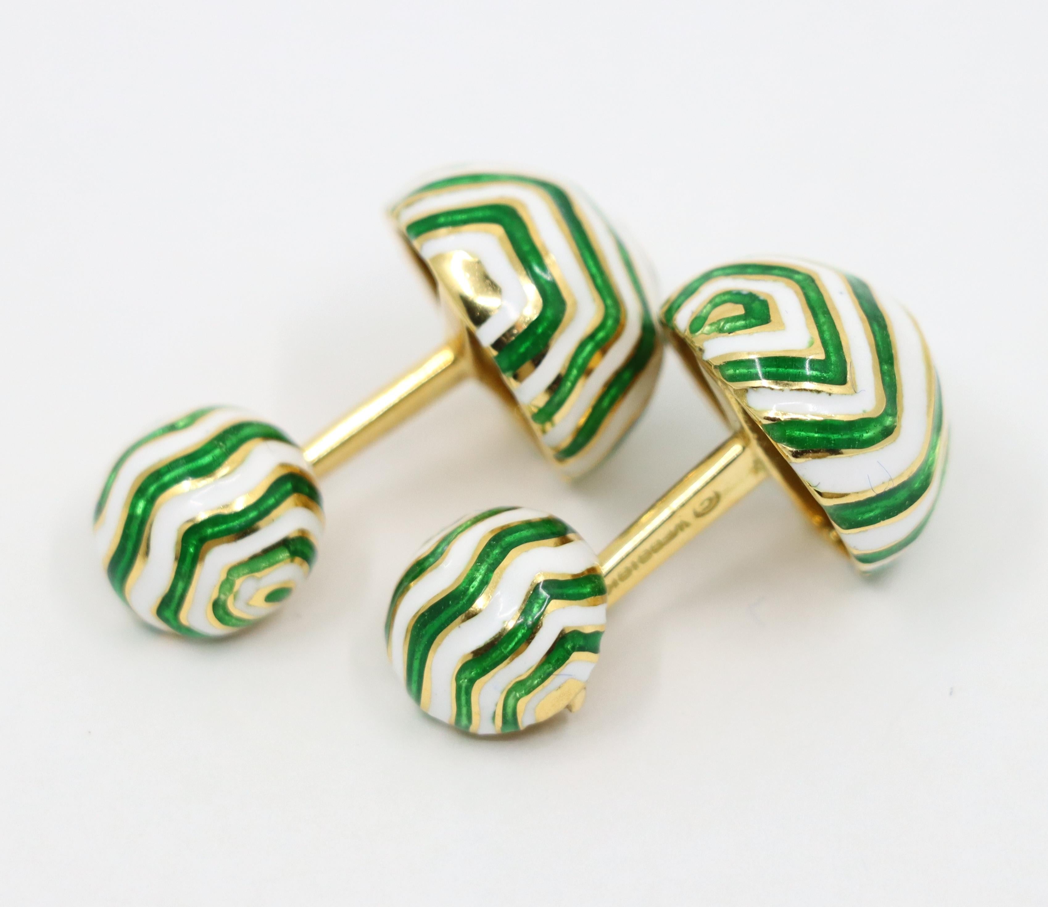 Gemelli vintage David Webb in oro 18 carati con smalto verde e bianco in vendita 3