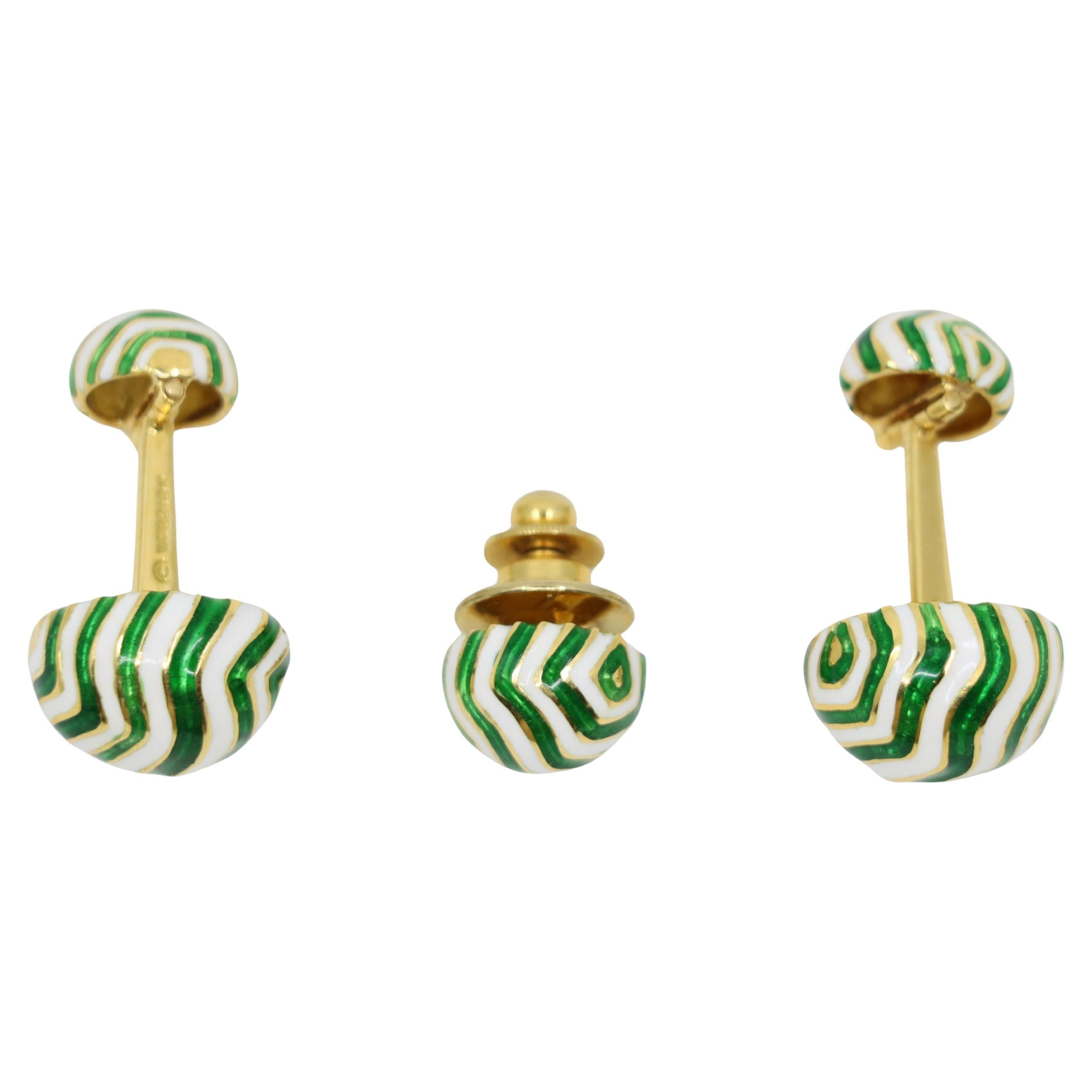 Gemelli vintage David Webb in oro 18 carati con smalto verde e bianco in vendita