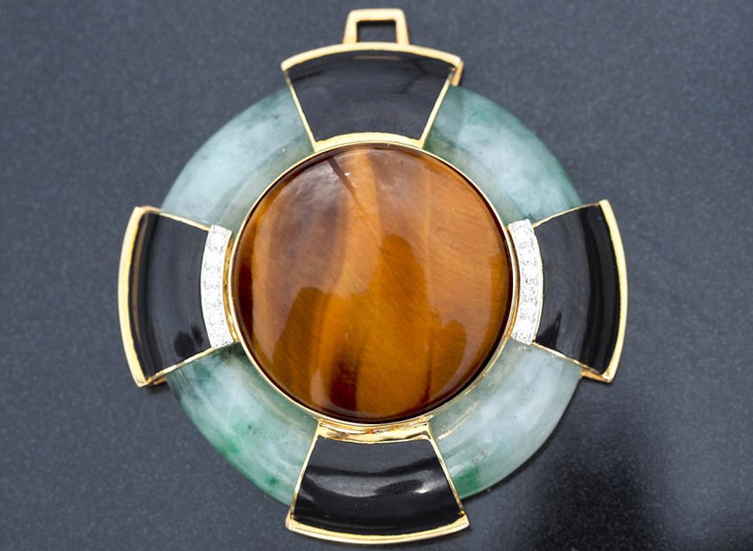 Women's or Men's Vintage David Webb 18k Gold Plat Tiger's Eye Jade Black Onyx and Diamond Pendant