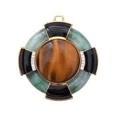 Vintage David Webb 18k Gold Plat Tiger's Eye Jade Black Onyx and Diamond Pendant