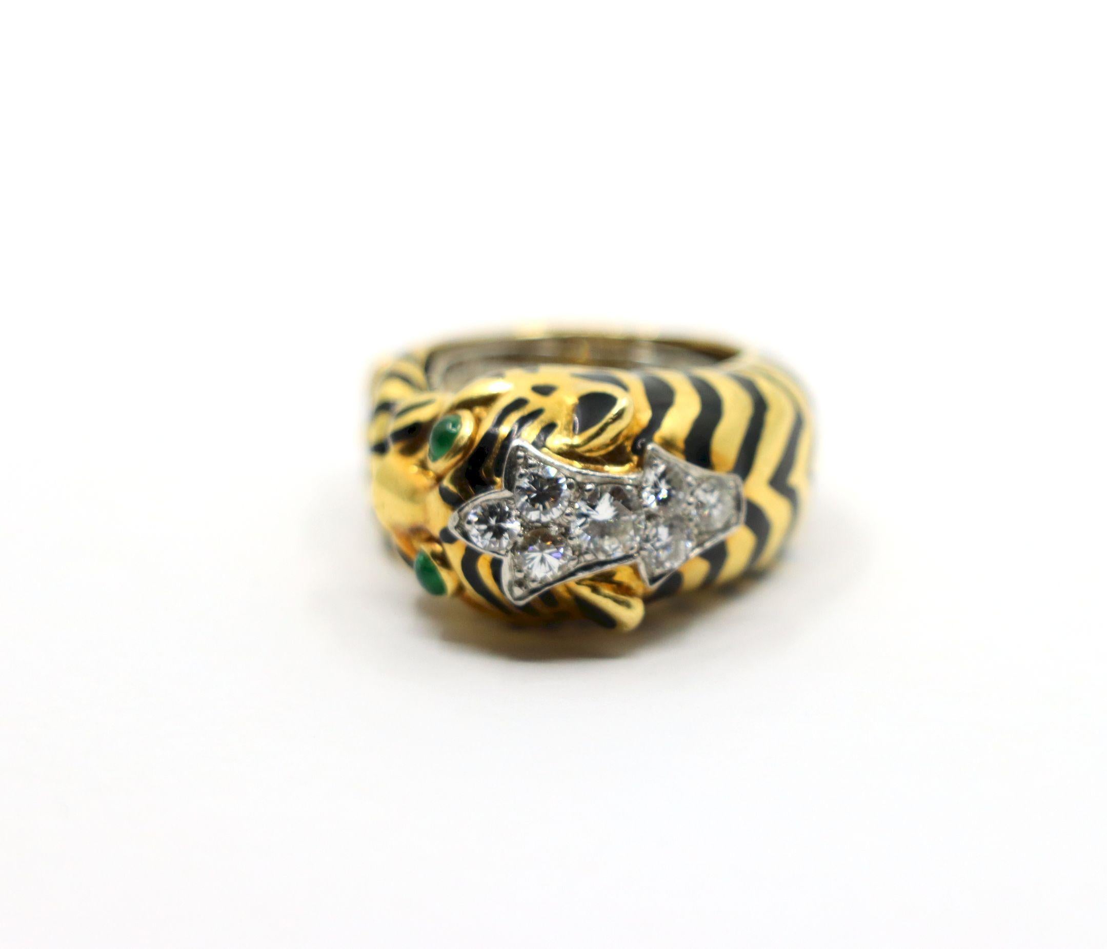 Vintage David Webb 18K Gold & Platinum Diamonds Emerald Tiger Ring For Sale 5