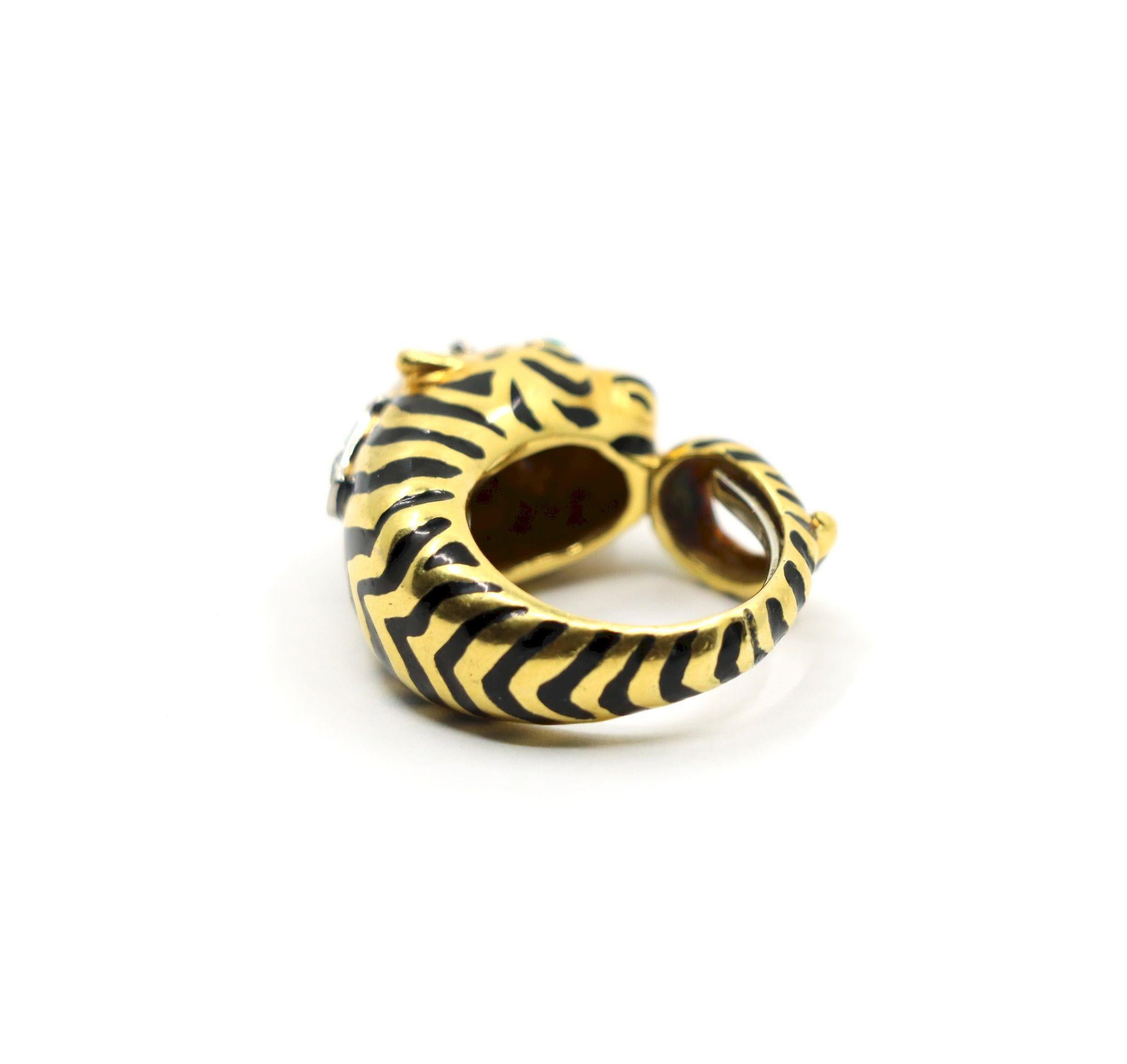 Vintage David Webb 18K Gold & Platinum Diamonds Emerald Tiger Ring For Sale 6