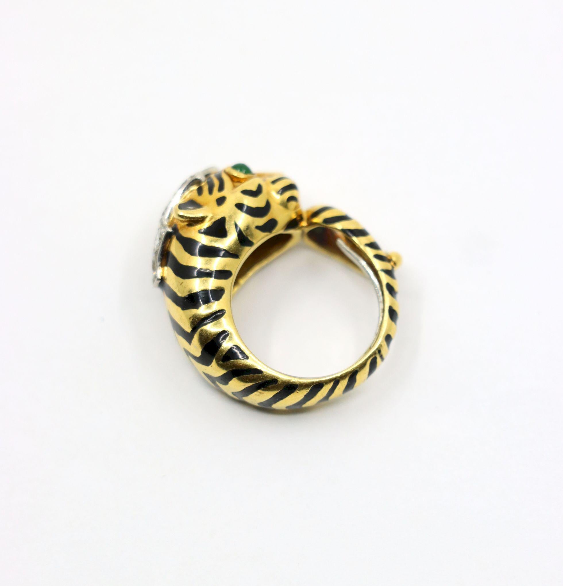 Vintage David Webb 18K Gold & Platinum Diamonds Emerald Tiger Ring For Sale 7