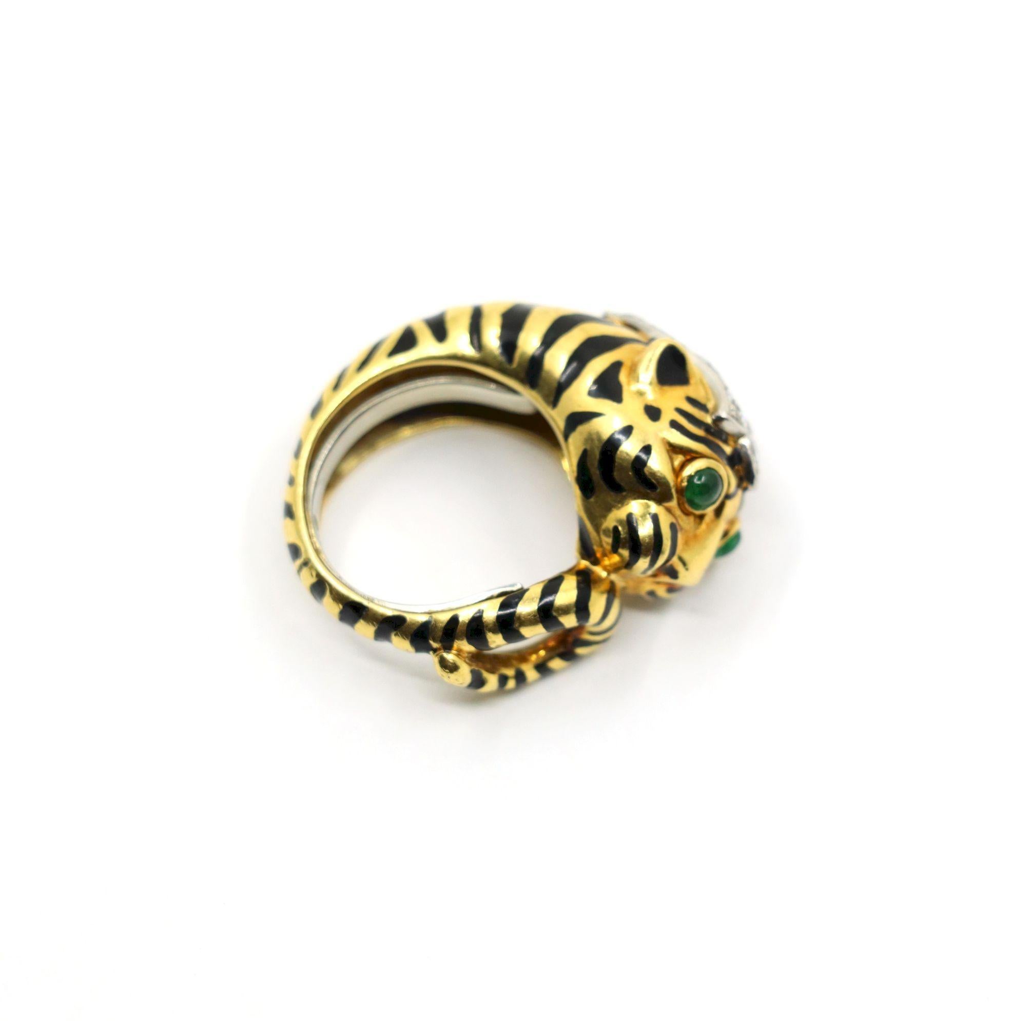 Vintage David Webb 18K Gold & Platinum Diamonds Emerald Tiger Ring For Sale 8