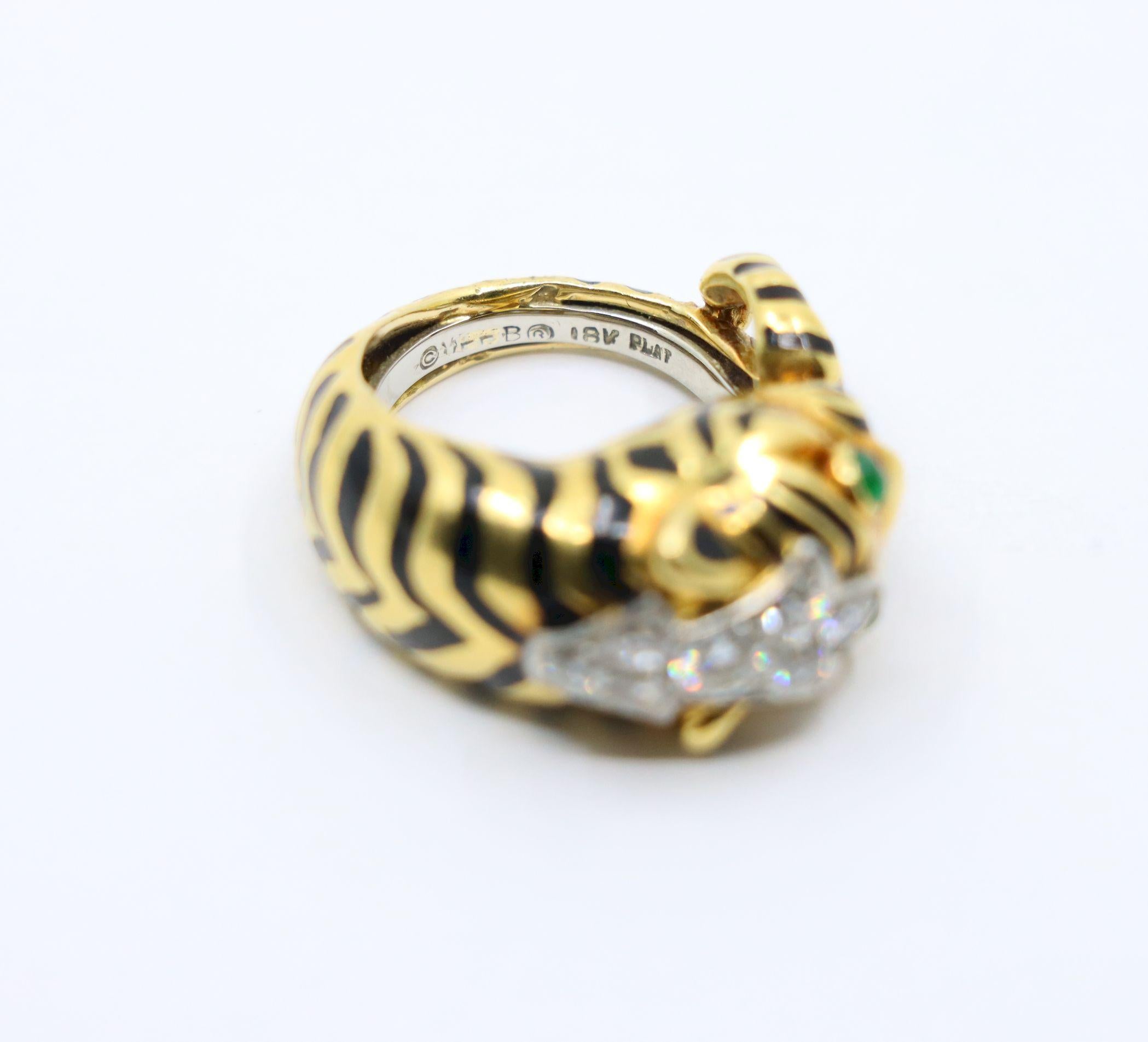 Vintage David Webb 18K Gold & Platinum Diamonds Emerald Tiger Ring For Sale 9
