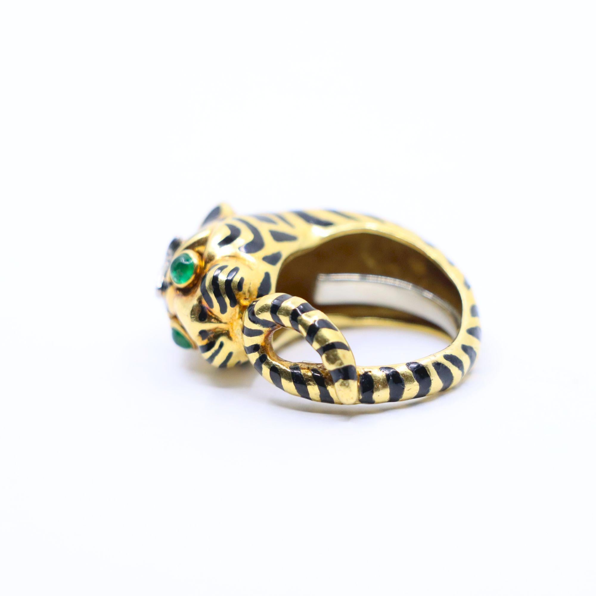 Vintage David Webb 18K Gold & Platinum Diamonds Emerald Tiger Ring For Sale 10