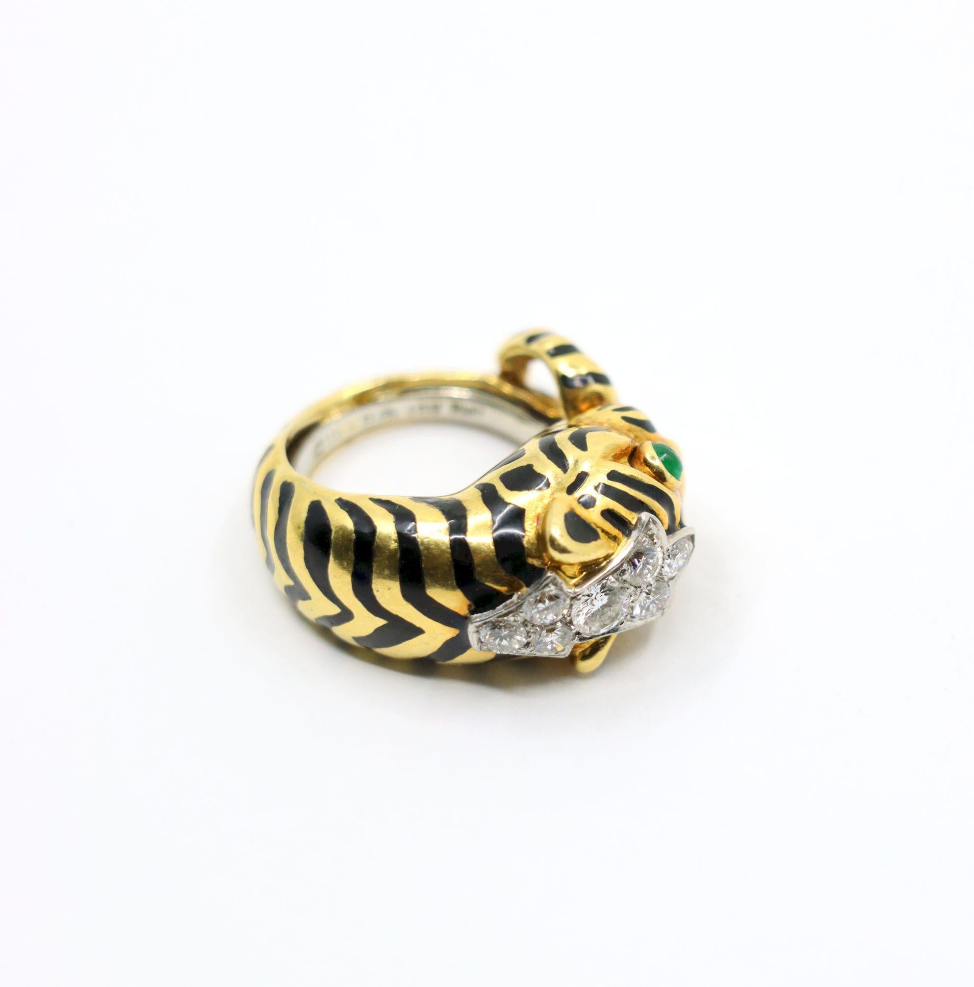 Vintage David Webb 18K Gold & Platinum Diamonds Emerald Tiger Ring For Sale 11