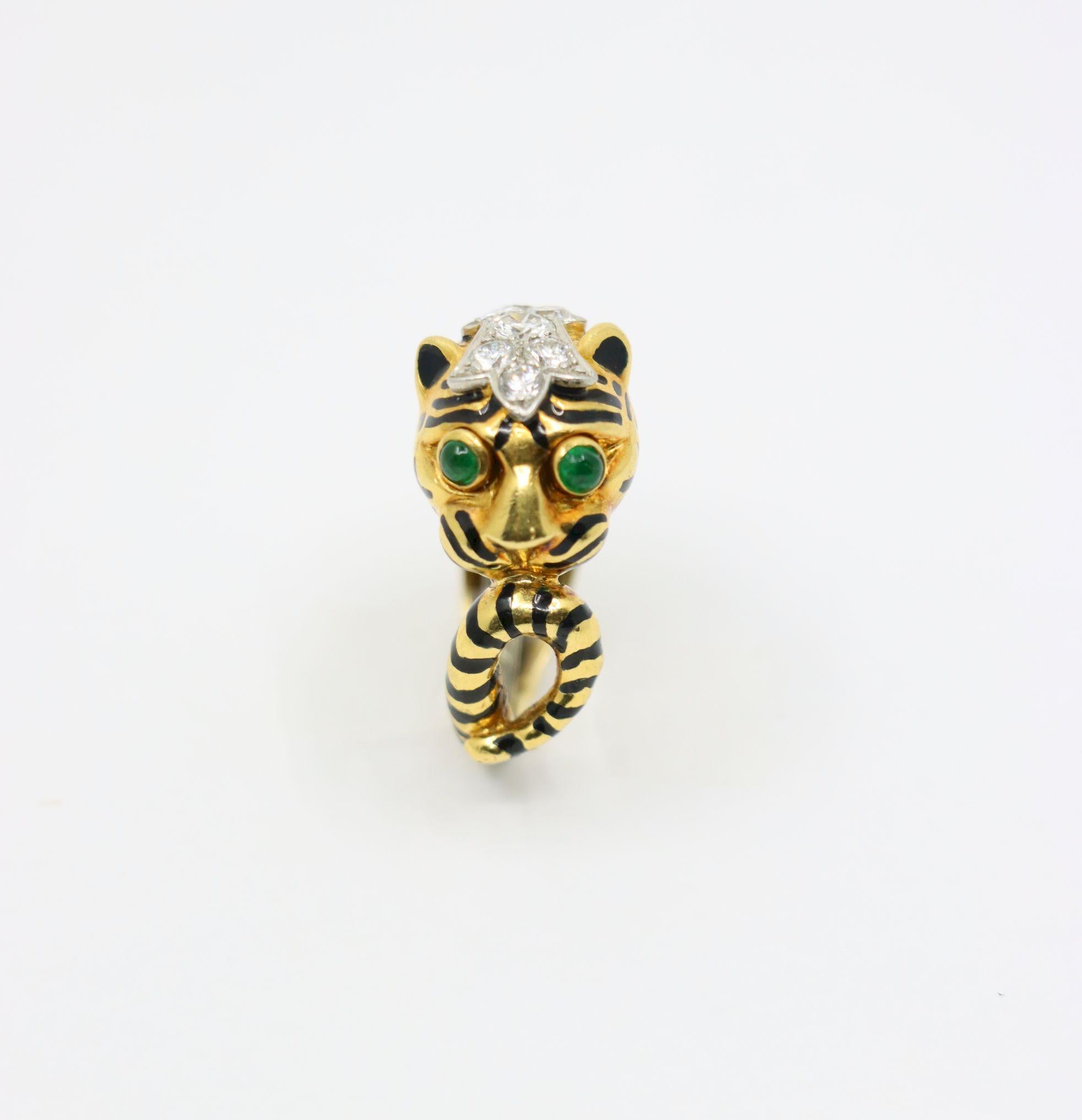 Women's Vintage David Webb 18K Gold & Platinum Diamonds Emerald Tiger Ring For Sale