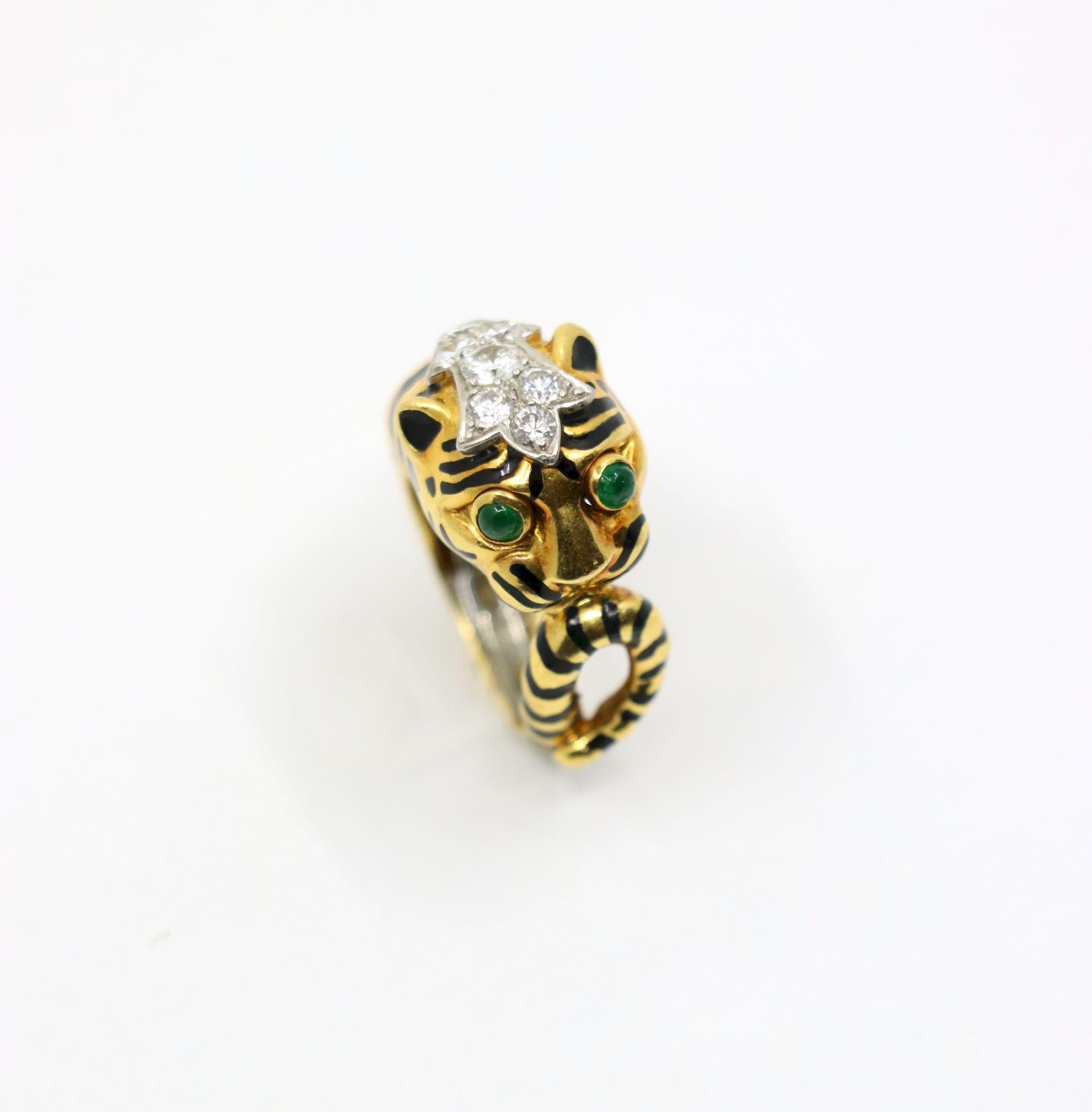Vintage David Webb 18K Gold & Platinum Diamonds Emerald Tiger Ring For Sale 1