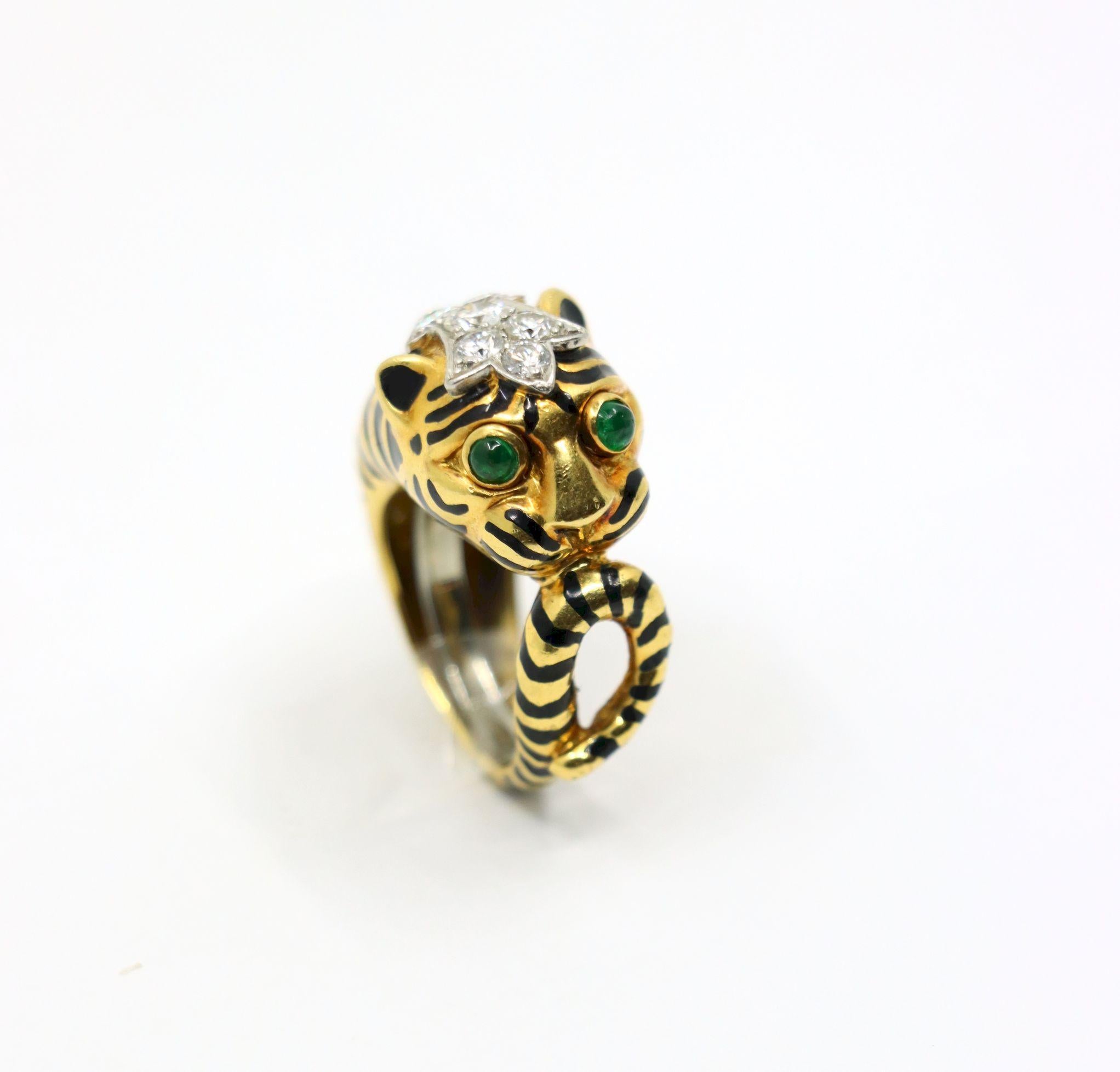 Vintage David Webb 18K Gold & Platinum Diamonds Emerald Tiger Ring For Sale 2