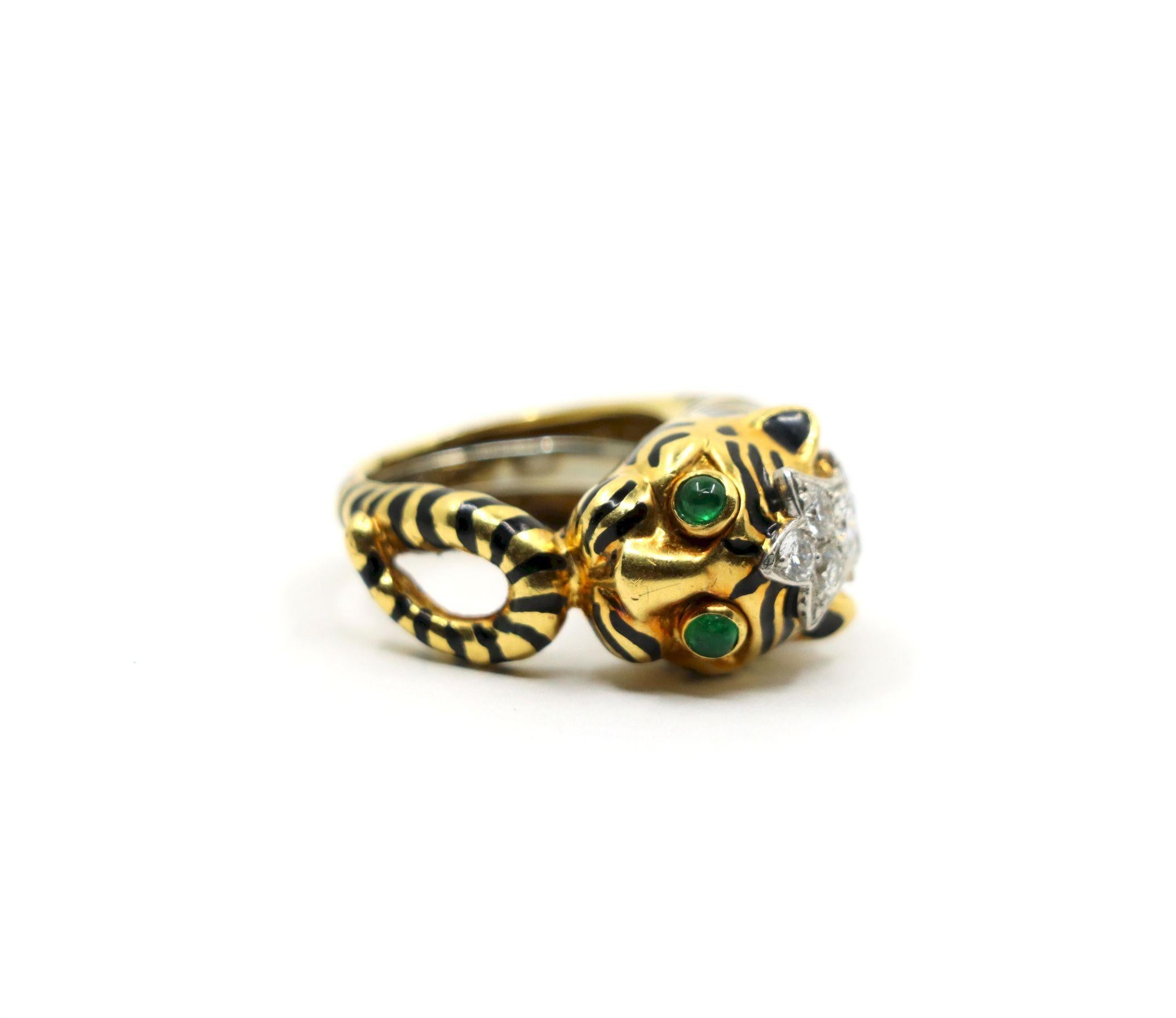 Vintage David Webb 18K Gold & Platinum Diamonds Emerald Tiger Ring For Sale 3