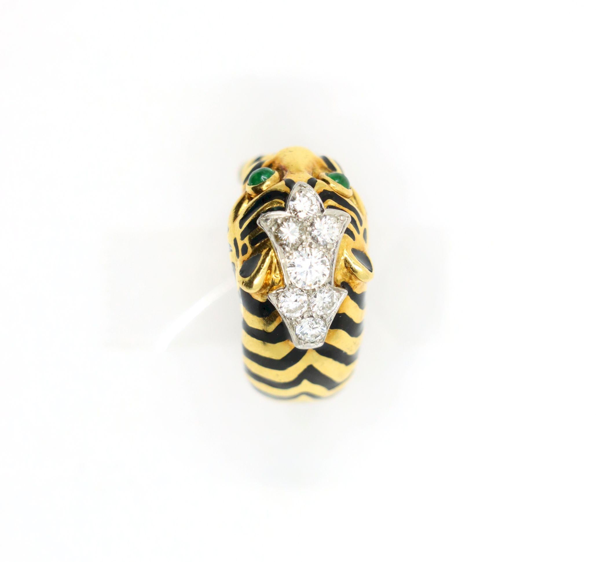 Vintage David Webb 18K Gold & Platinum Diamonds Emerald Tiger Ring For Sale 4