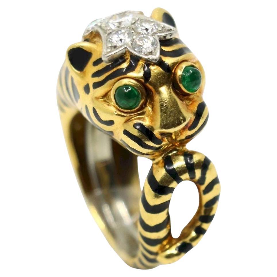 Vintage David Webb 18K Gold & Platinum Diamonds Emerald Tiger Ring