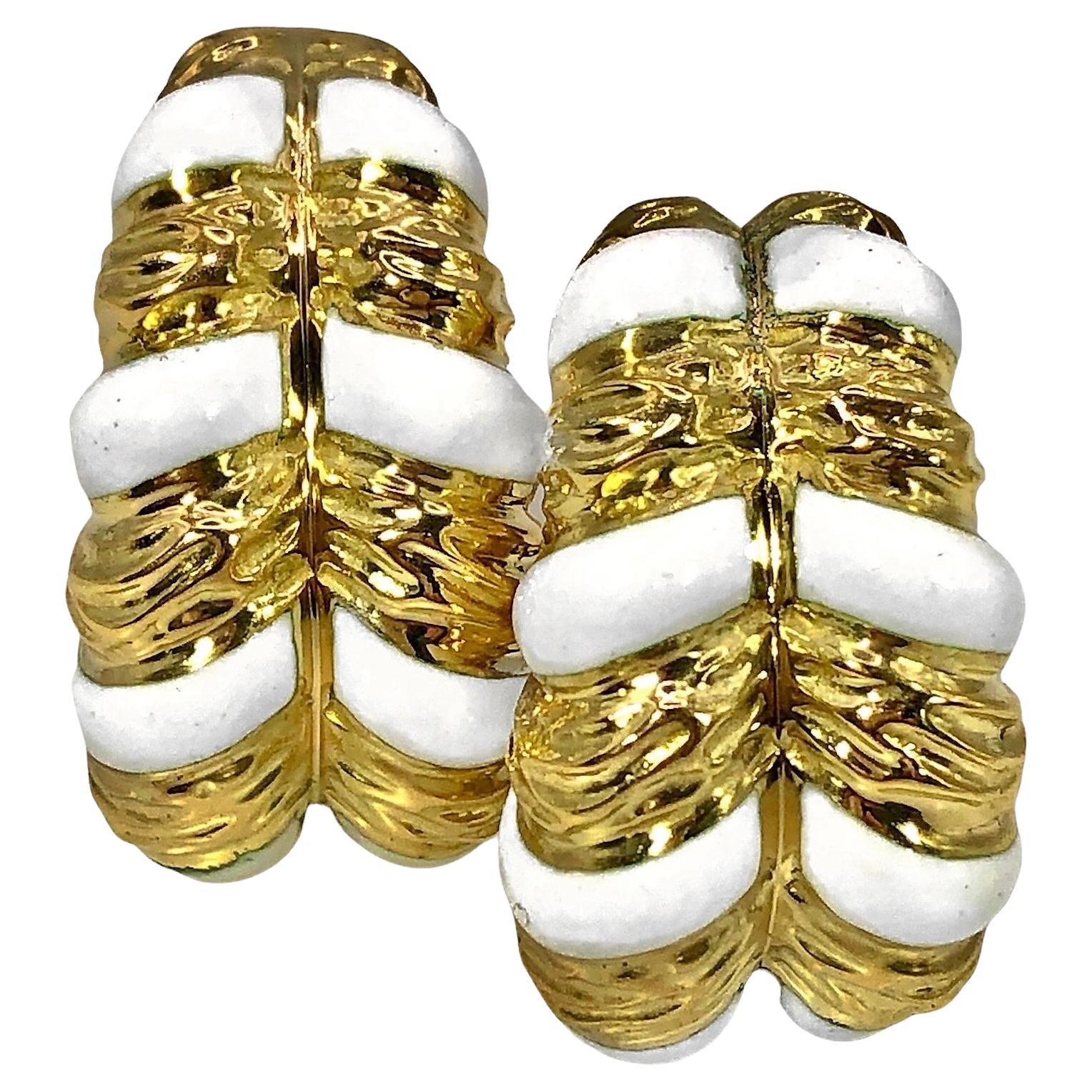 Vintage David Webb 18K Yellow Gold and White Enamel Medium Sized Earrings  For Sale