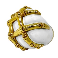 Vintage David Webb 18K Yellow Gold Bamboo Motif White Enamel Large Scale Ring