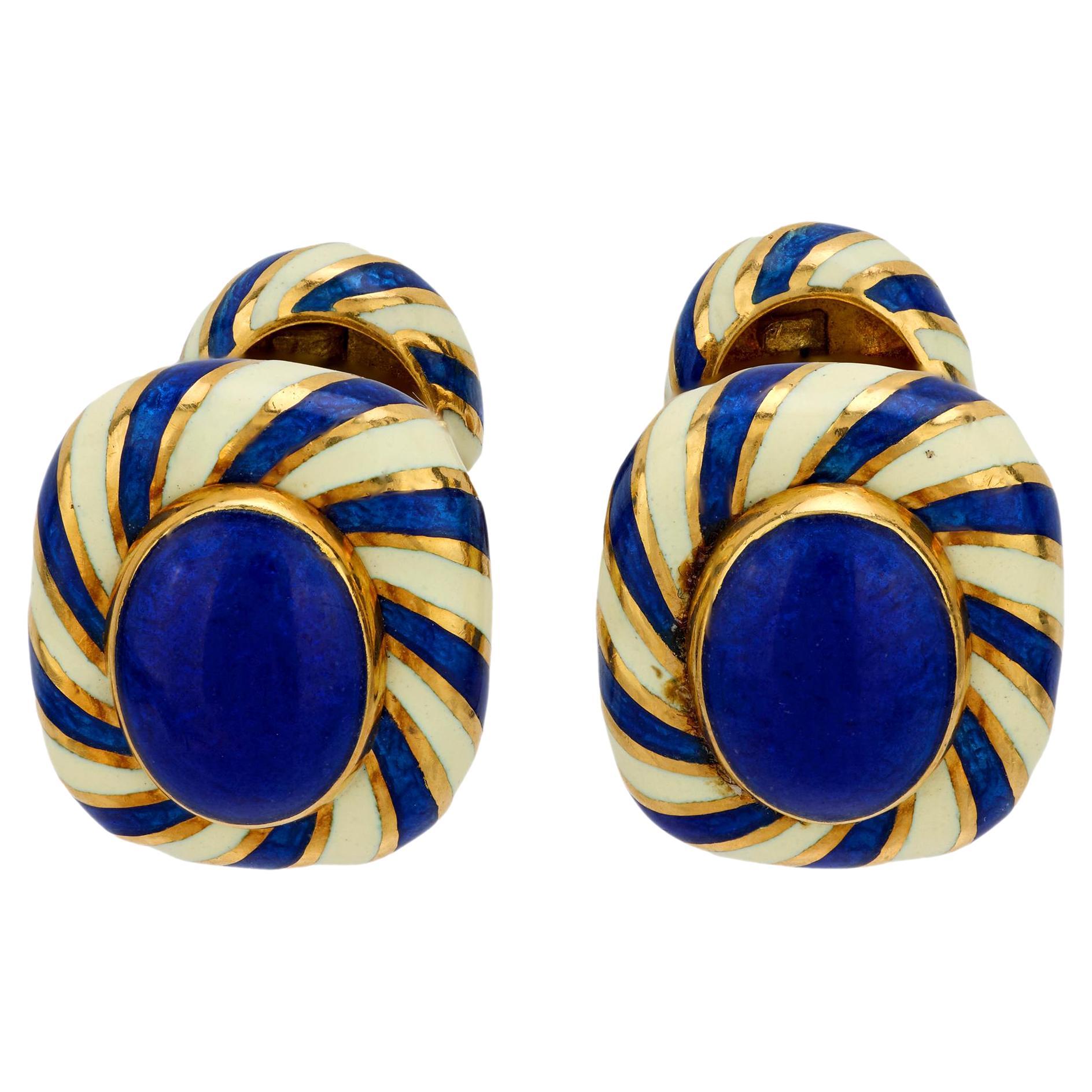 Vintage David Webb 18k yellow gold blue and white enamel cufflinks