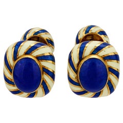 David Webb Boutons de manchette vintage en or jaune 18 carats, émail bleu et blanc