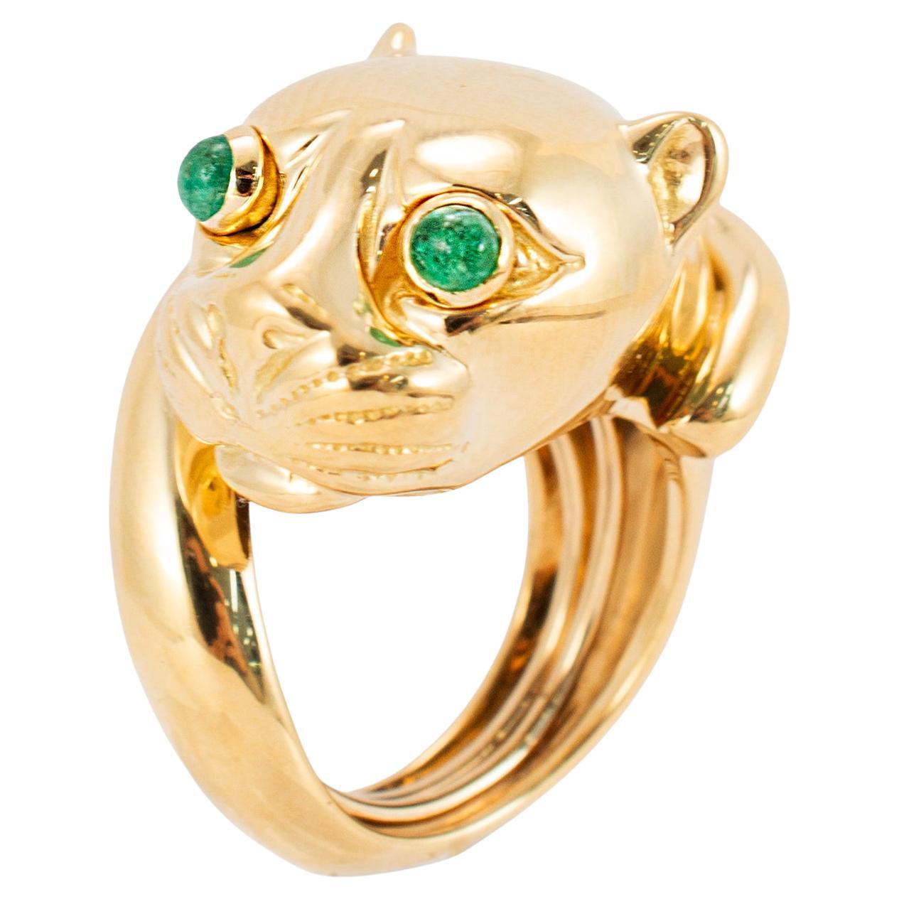 Vintage David Webb 18K Yellow Gold Emerald Eyes Panther Cocktail Ring