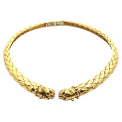 Vintage David Webb 18k Yellow Gold Ruby Eyes Dual Chimera Hinged Choker Necklace
