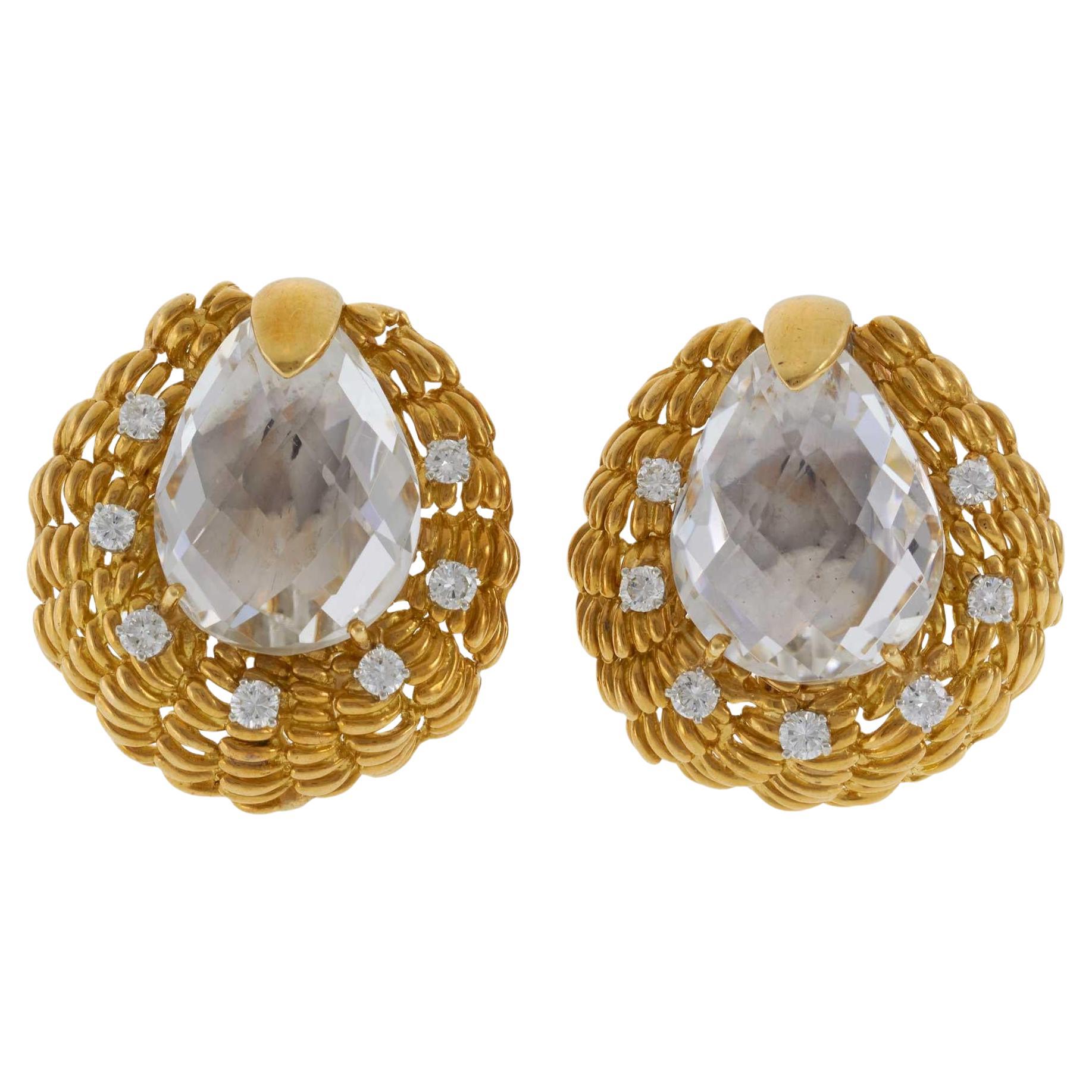 Vintage David Webb 18KT Yellow Gold Quartz and Diamond Earrings For Sale
