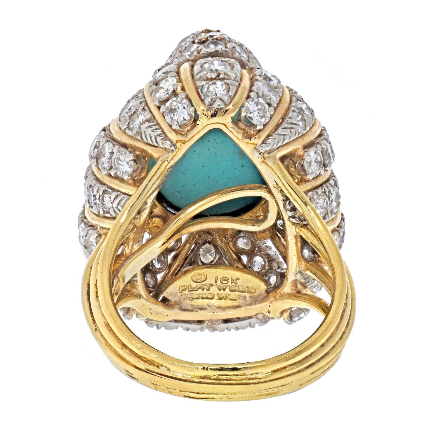 Modern Vintage David Webb 1970's Turquoise and Diamond Ring