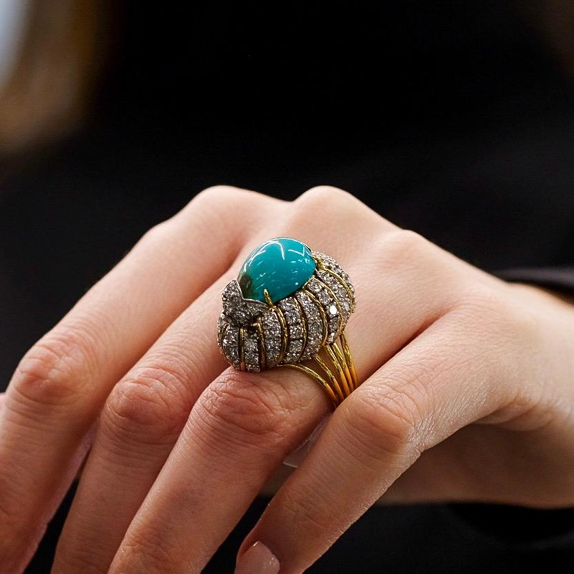 Vintage David Webb 1970's Turquoise and Diamond Ring In Good Condition In New York, NY