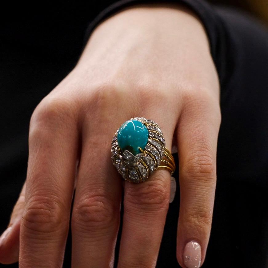 Women's Vintage David Webb 1970's Turquoise and Diamond Ring