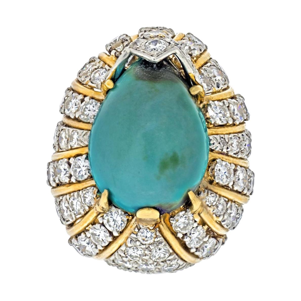 Vintage David Webb 1970's Turquoise and Diamond Ring