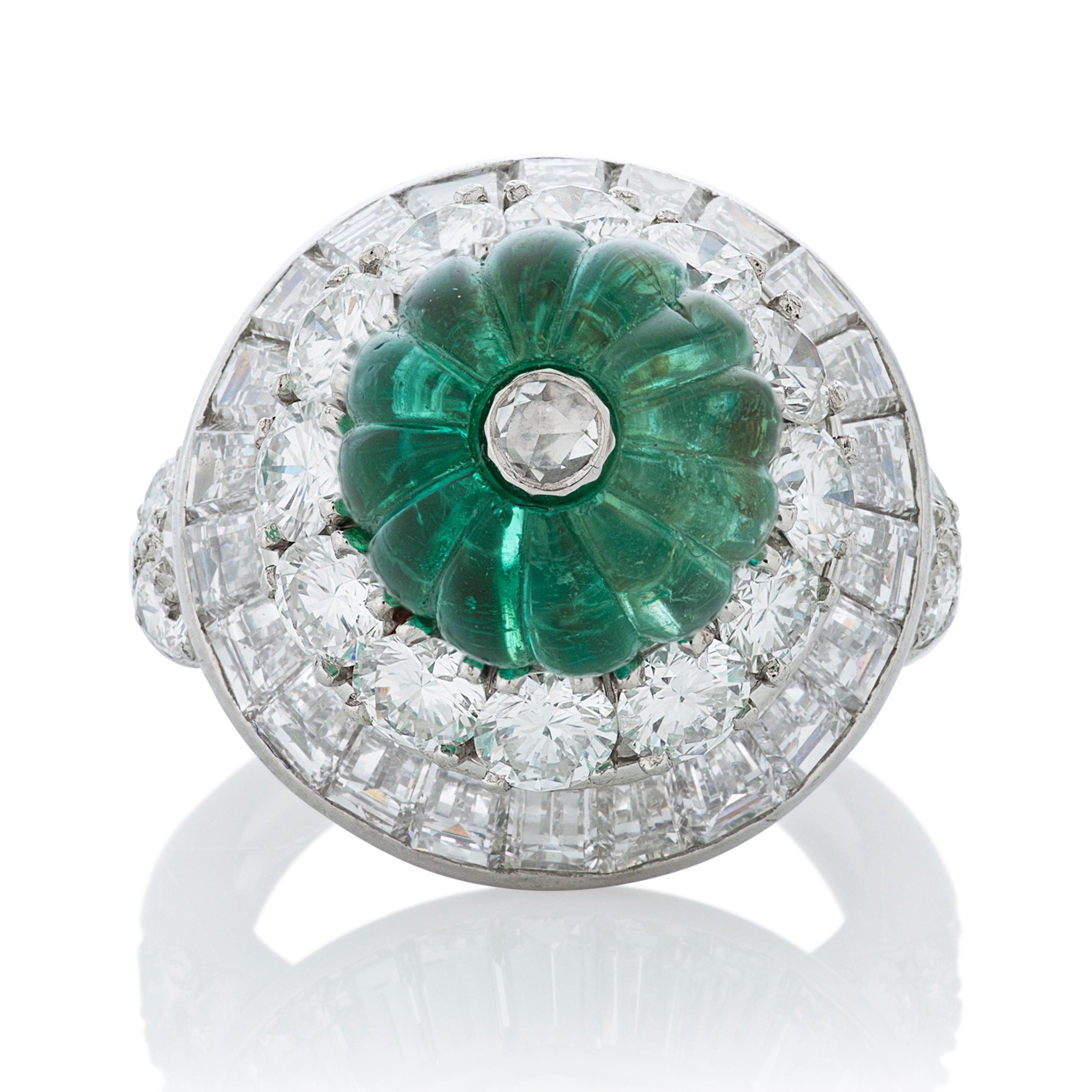 Women's Vintage David Webb 5.10ct Carved Emerald Bead and Diamond Ring in Platinum&18kwg