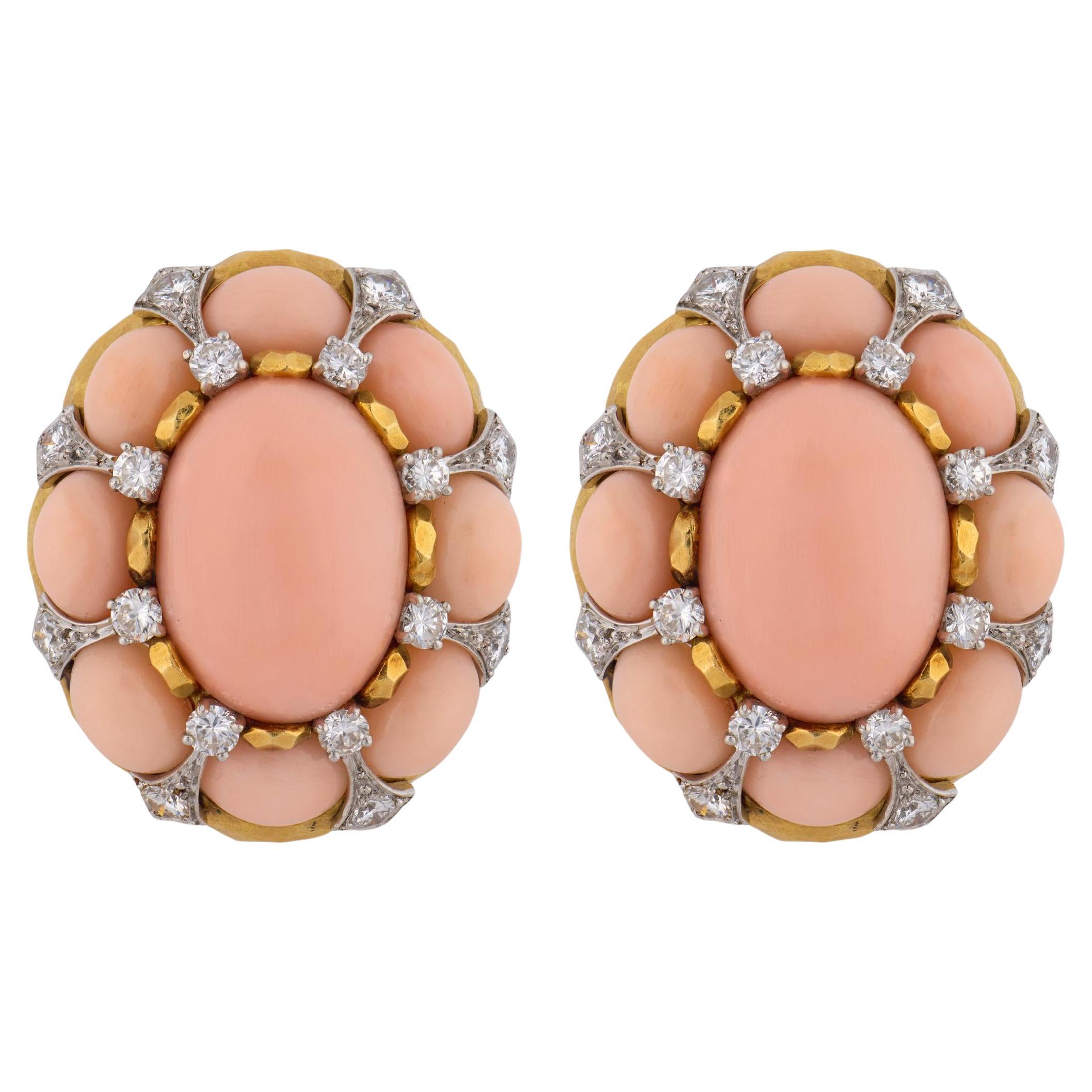 Vintage David Webb angel skin coral diamond 18k yellow gold platinum earrings