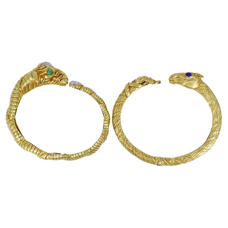 Taille mixte Vintage David Webb Aris Gold Bracelet Set Bangle Pair Gemstones Estate Jewelry en vente