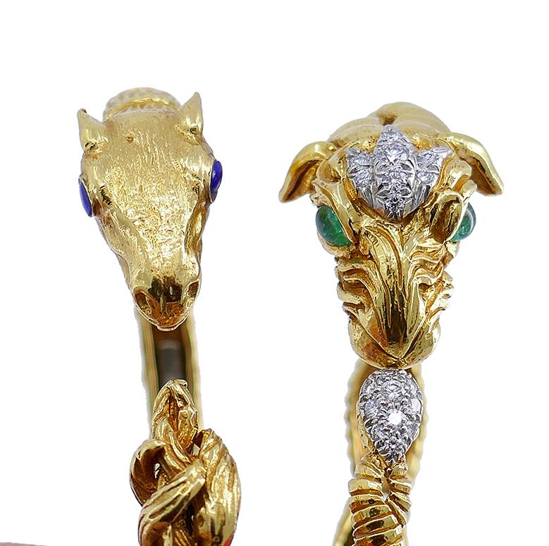 Mixed Cut Vintage David Webb Aries Gold Bracelet Set Bangle Pair Gemstones Estate Jewelry For Sale