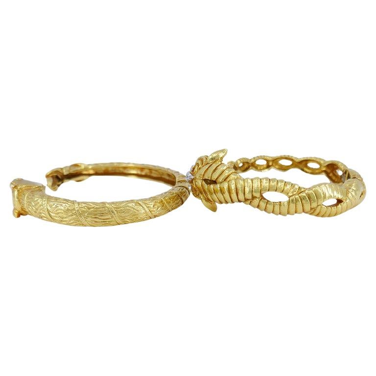 Women's or Men's Vintage David Webb Aries Gold Bracelet Set Bangle Pair Gemstones Estate Jewelry For Sale