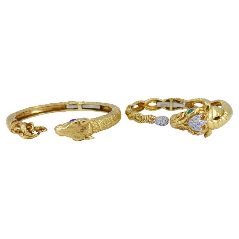 Vintage David Webb Aries Gold Bracelet Set Bangle Pair Gemstones Estate Jewelry For Sale 1