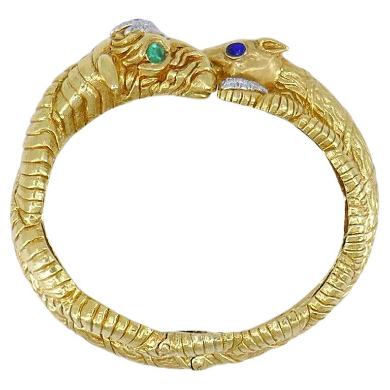 Vintage David Webb Aris Gold Bracelet Set Bangle Pair Gemstones Estate Jewelry en vente