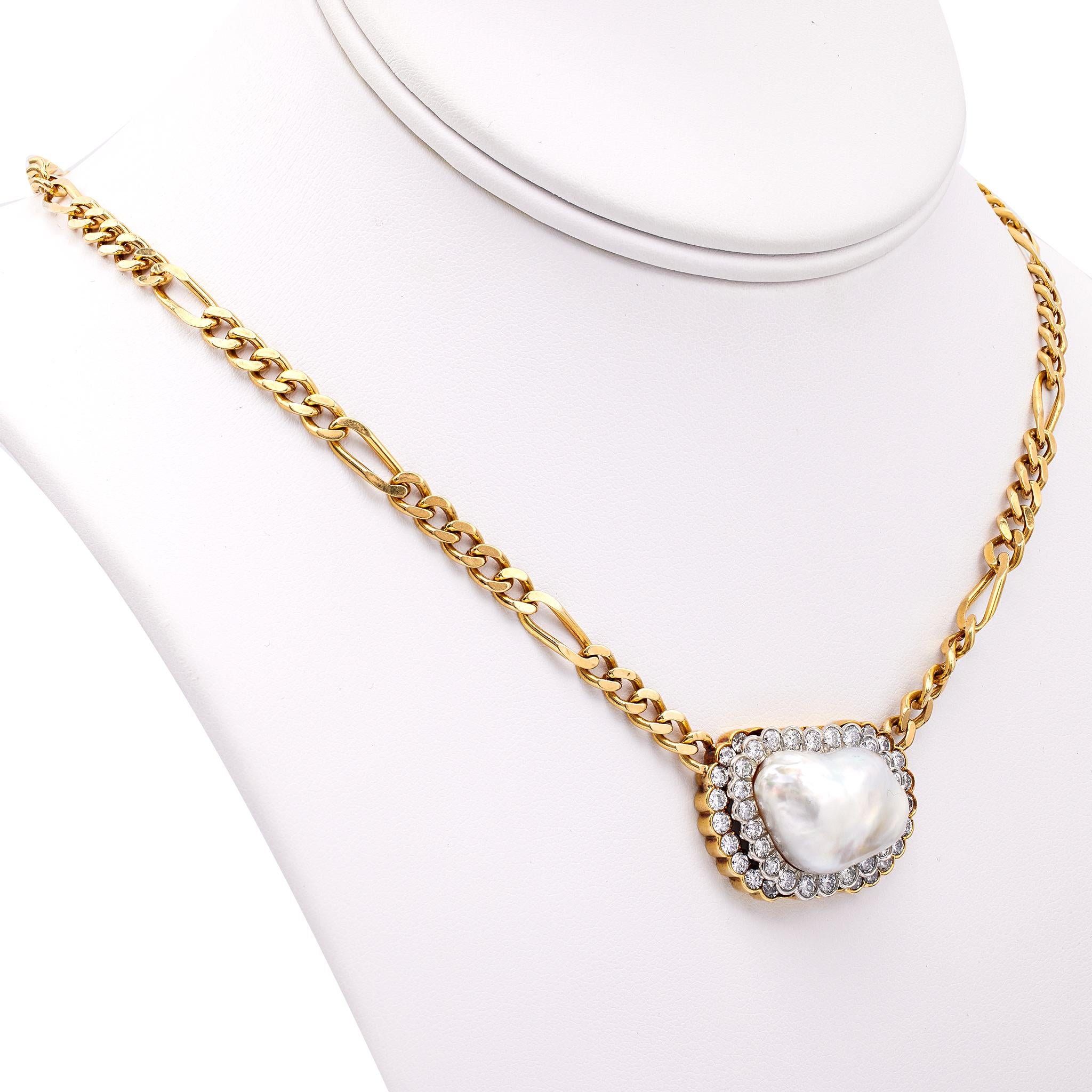 Vintage David Webb Baroque Pearl Diamond 18k Yellow Gold Platinum Link Necklace In Good Condition For Sale In Beverly Hills, CA