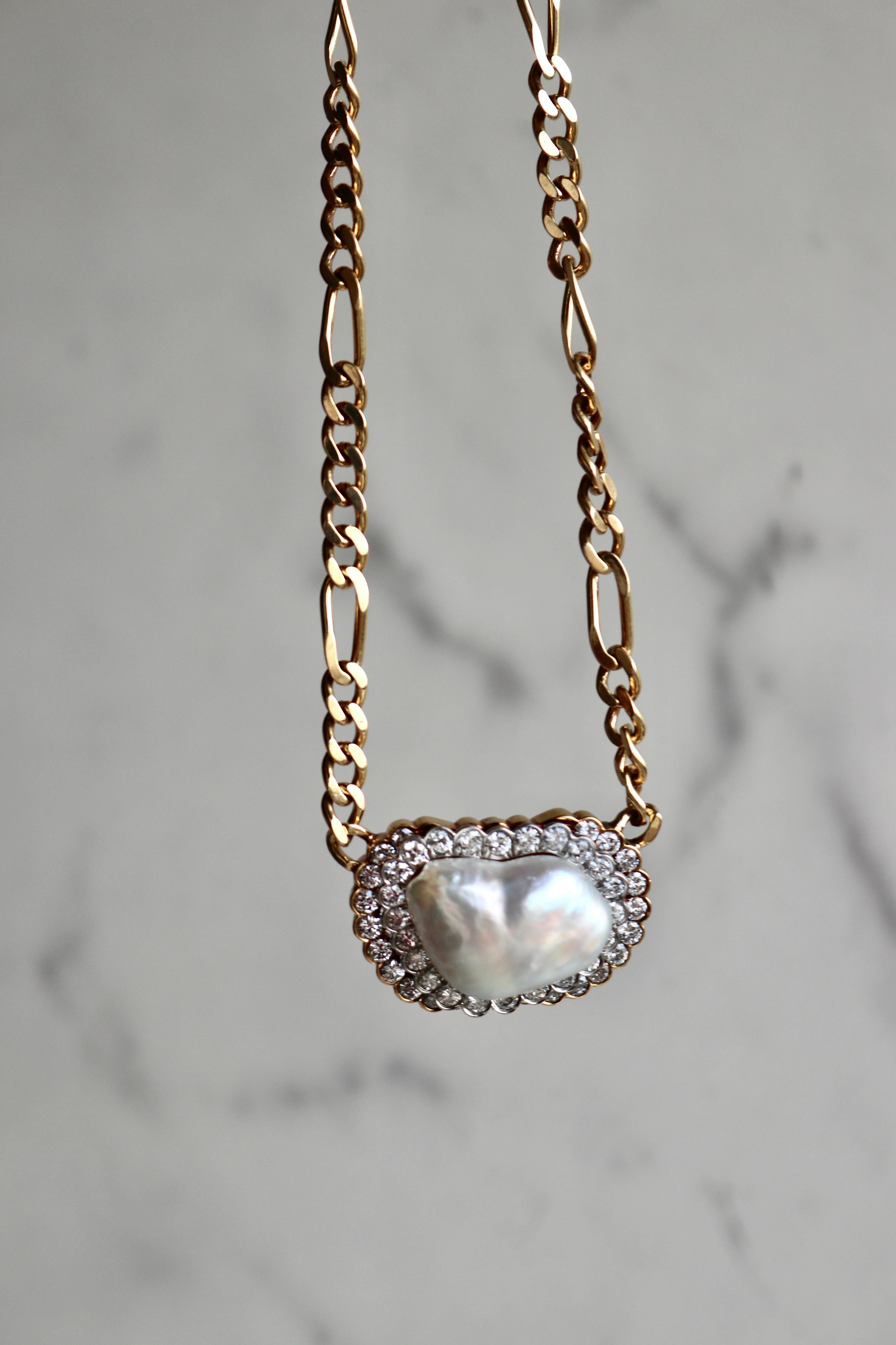 Women's or Men's Vintage David Webb Baroque Pearl Diamond 18k Yellow Gold Platinum Link Necklace For Sale