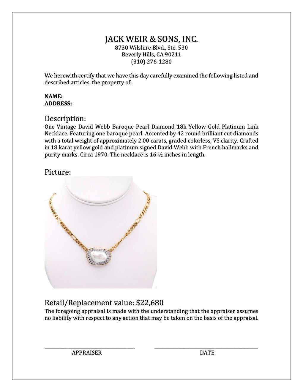 Vintage David Webb Baroque Pearl Diamond 18k Yellow Gold Platinum Link Necklace For Sale 1