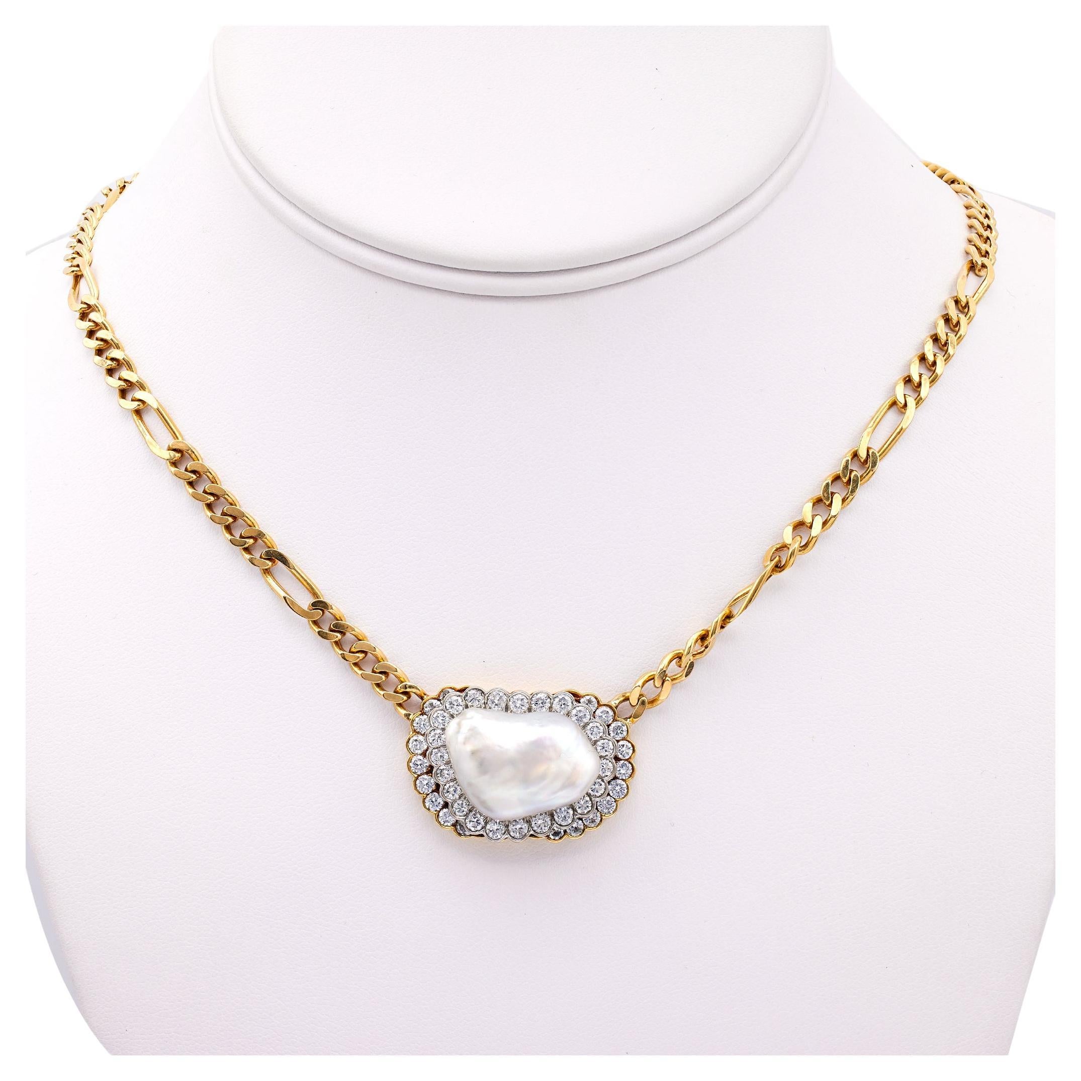 Vintage David Webb Baroque Pearl Diamond 18k Yellow Gold Platinum Link Necklace For Sale