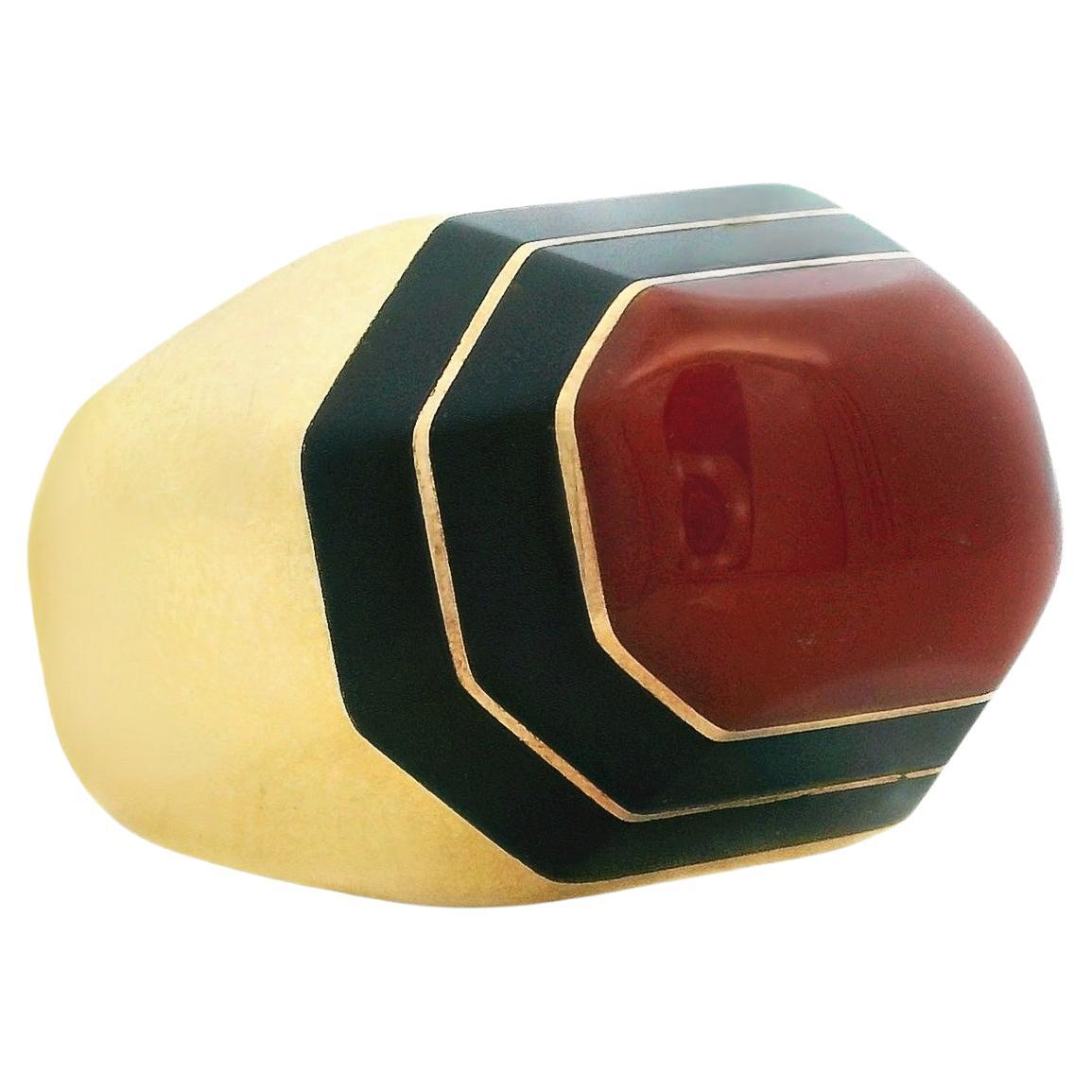 Vintage David Webb Karneol, Emaille & 18K Gold achteckigen Ring - signiert im Angebot