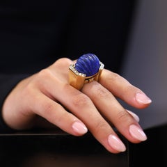 Vintage David Webb Carved Lapis & Diamond 18k Dome Ring